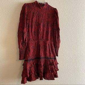 Red floral print long sleeve ruffle bottom bread with button up back